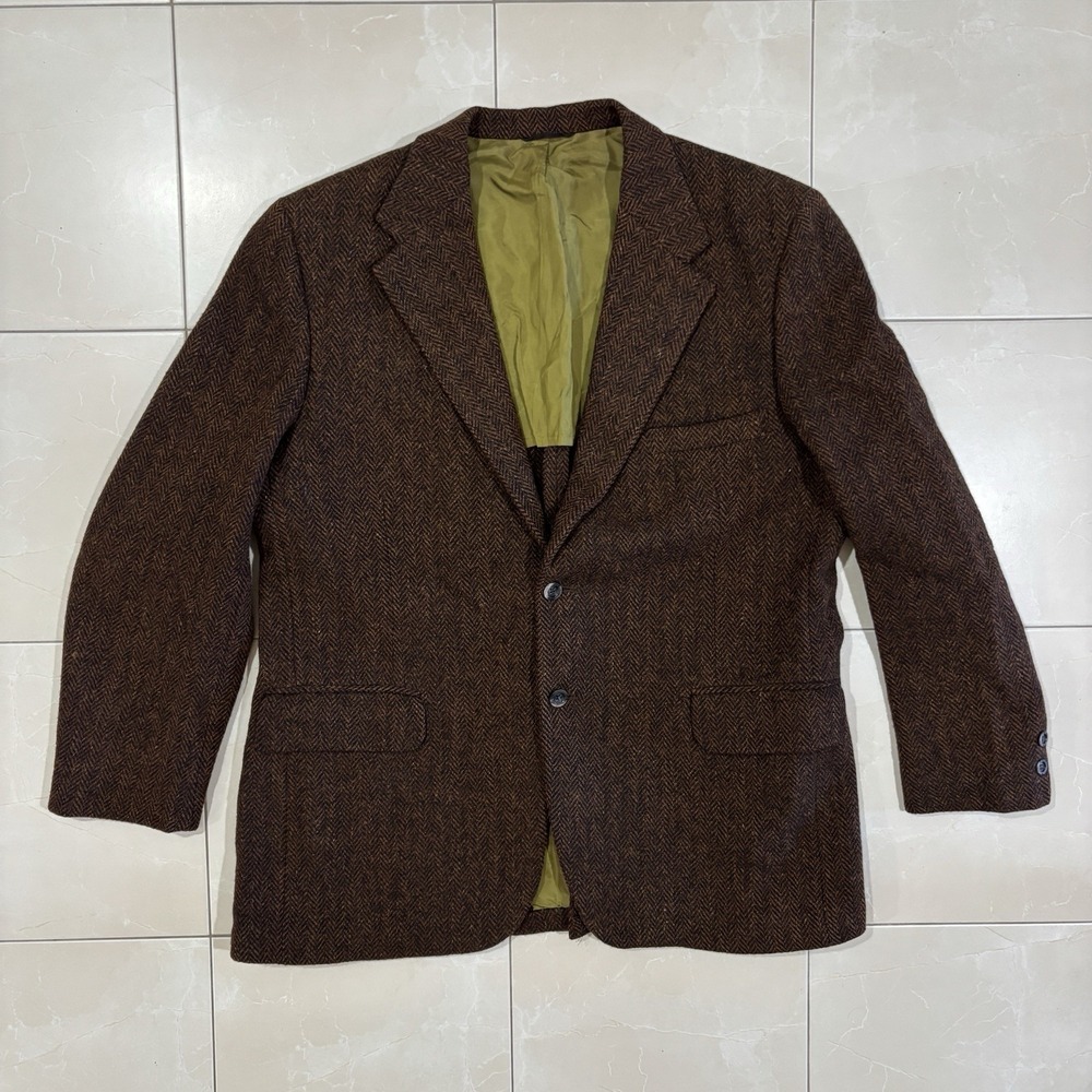 Harris Tweed Sport Coat Men 42R Brown Herringbone Hand Woven In Scotland Vintage